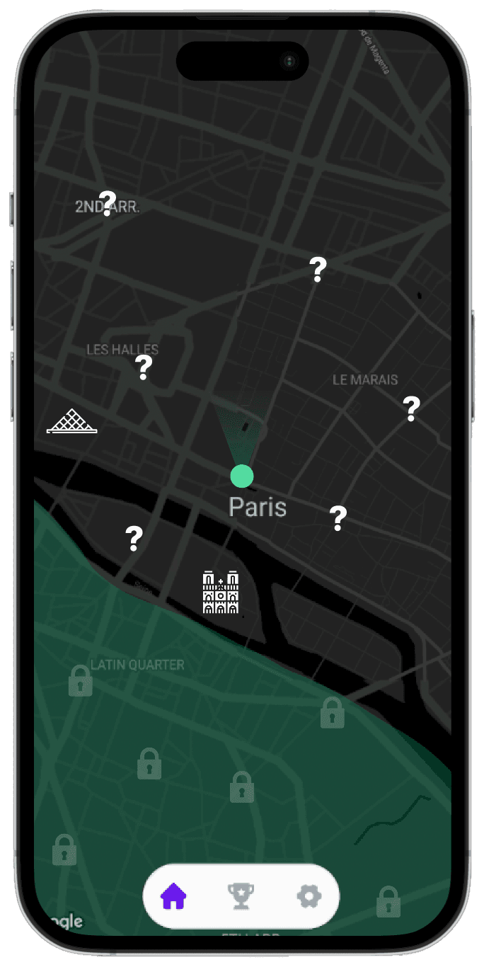 Image de l'application, avec un GPS qui détecte les monuments autour.