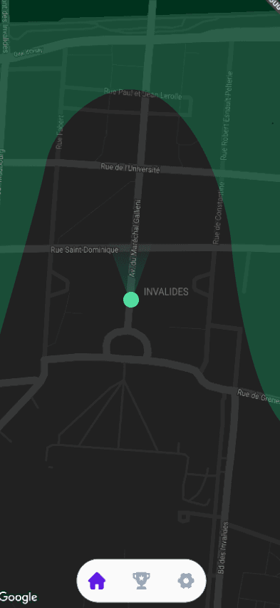 Image de l'application, avec un GPS qui détecte les monuments autour.